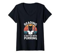 Femme Lire C'est Mieux avec Purring Cat T-Shirt avec Col en V