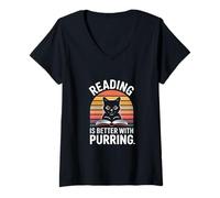 Femme Lire C'est Mieux avec Purring Cat T-Shirt avec Col en V