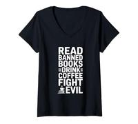Femme Lire des Livres Interdits Drink Coffee Fight Evil T-Shirt avec Col en V