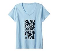 Femme Lire des Livres Interdits Drink Coffee Fight Evil T-Shirt avec Col en V
