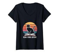 Femme Lire Purr Repeat Cat Vintage T-Shirt avec Col en V