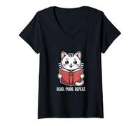 Femme Lire Purr Repeat Cat Vintage T-Shirt avec Col en V