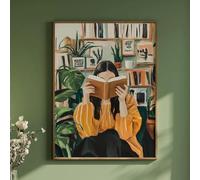 Femme lisant au lit, art mural vintage, toile, affiches, moderne, funky, girly, livresque, esthétique, peinture, bibliothèque, décoration murale (80 x 120 cm, sans cadre)
