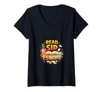 Femme Lisez Sip Escape Cozy Book Lover Reading Mood T-Shirt avec Col en V