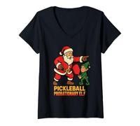 Femme Liste des méchants du Père Noël ELF probatoire de Pickleball T-Shirt avec Col en V