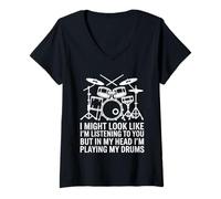 Femme Listening to You Playing My Drums Batterie de Batterie T-Shirt avec Col en V