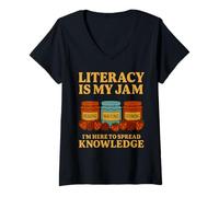 Femme Literacy is My Jam Un Professeur Amusant lisant la rentrée Scolaire T-Shirt avec Col en V