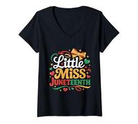 Femme Little Miss Juneteenth pour filles avec nœud coquette et cœurs mignons T-Shirt avec Col en V