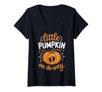 Femme Little Pumpkin On The Way Pregnancy Announcement Halloween T-Shirt avec Col en V