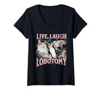 Femme Live Laugh Lobotomy Funny Offensive Cat Meme Bootleg Graphic T-Shirt avec Col en V