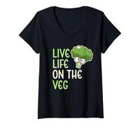 Femme Live Life on The Veg Funny Vegetable Brocoli Vegan Life T-Shirt avec Col en V