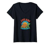 Femme Live Slow Turtle Life Nature Vibes Retro Calm Esthétique T-Shirt avec Col en V