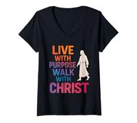 Femme Live with Purpose Walk with Christ Jésus Christian Faith T-Shirt avec Col en V