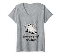 Femme Living My Best Nine Lives Jeu de Mots Amusant pour Chat T-Shirt avec Col en V
