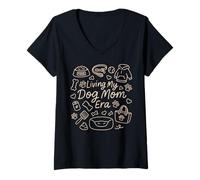Femme Living My Dog Mom Era, Funny Doodle Graphic Woman T-Shirt avec Col en V