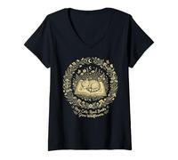 Femme Livre de Chat endormi - Couronne de Fleurs Sauvages et Champignons - Esthétique T-Shirt avec Col en V