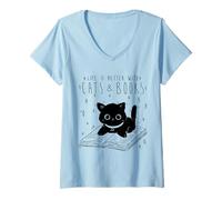 Femme Livre de Chat pour Femmes Life is Better with Cats and Books T-Shirt avec Col en V