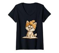 Femme Livre de Lecture Chiot Husky Mignon avec T-Shirt avec Col en V