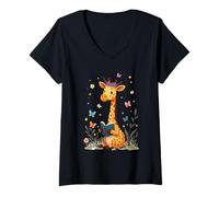 Femme Livre de Lecture Girafe avec Fleurs et Fleurs T-Shirt avec Col en V