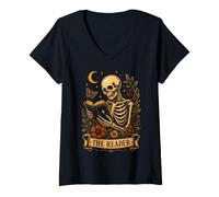Femme Livre de Lecture Squelette The Reader Gothic Tarot Halloween T-Shirt avec Col en V