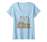 Femme Livre floral pour les amateurs de livres dans le style Cottagecore T-Shirt avec Col en V