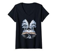 Femme Livre Forêt Fantaisie Sentier Arbres Magie Nature Rêve T-Shirt avec Col en V