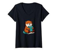 Femme Livre Loving Loutre Lecture Graphique Mignon Confortable T-Shirt avec Col en V