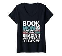 Femme Livre Mom Cat Lover Reading While The Cat Judges Me T-Shirt avec Col en V