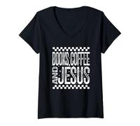 Femme Livres Café et Jésus Chrétienne Fille Lecture Religieuse T-Shirt avec Col en V