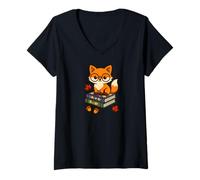 Femme Livres d'automne et Renard Mignon T-Shirt avec Col en V