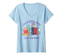 Femme Livres de chats mignons et thé chat femme T-Shirt avec Col en V