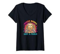 Femme Livres Queer Cosy and Proud with Sloth T-Shirt avec Col en V