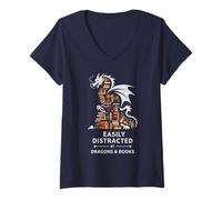 Femme Livres rétro et Dragons I Like Big Library Reading Readers I T-Shirt avec Col en V