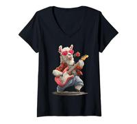 Femme Llama Mignon Jouant de la Guitare Guitariste Animal Saint-Valentin T-Shirt avec Col en V