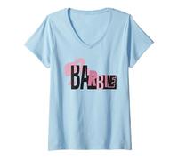 Femme Logo Barbie Mixte Noir et Rose T-Shirt avec Col en V