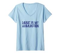 Femme Logo Bleu Playing for Change Music is My Ammunition T-Shirt avec Col en V