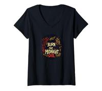 Femme Logo Burn the Midnight Oil T-Shirt avec Col en V