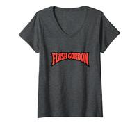 Femme Logo de Bande dessinée Flash Gordon Classique en Texte Rouge T-Shirt avec Col en V