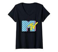 Femme Logo Mtv avec damier en bleu et rose T-Shirt avec Col en V