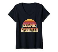 Femme Logo rétro Cosmic Dreamer au Coucher du Soleil, Style Vintage T-Shirt avec Col en V