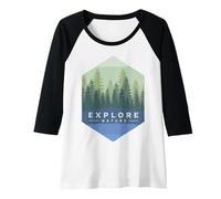 Femme Logo Vintage Exploration de la Nature Géométrie Forêt Illustration en Vert Manche Raglan