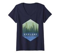 Femme Logo Vintage Exploration de la Nature Géométrie Forêt Illustration en Vert T-Shirt avec Col en V