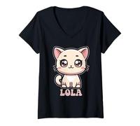 Femme Lola Cute Kitty Chat pour fille Nom Lola T-Shirt avec Col en V