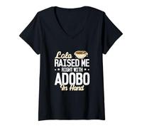 Femme Lola m'a élevé droit avec Adobo dans la main Funny Adobo Lovers T-Shirt avec Col en V