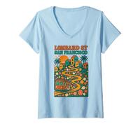 Femme Lombard Street San Francisco Cable Car Mignon Floral Vintage T-Shirt avec Col en V