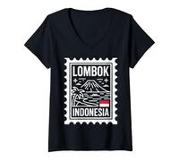 Femme Lombok Timbre-Poste Indonésie Souvenir de Voyage T-Shirt avec Col en V