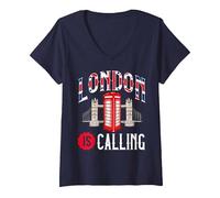 Femme London is Calling Skyline UK Vacation T-Shirt avec Col en V, Bleu Marine, M