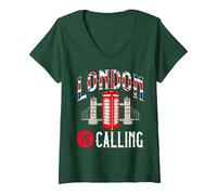 Femme London is Calling Skyline UK Vacation T-Shirt avec Col en V, Vert Forêt, L