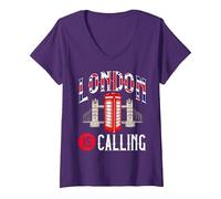 Femme London is Calling Skyline UK Vacation T-Shirt avec Col en V, Violet, L