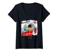 Femme London Teddy Bear Queen Guard Illustration Graphic Cartoon T-Shirt avec Col en V